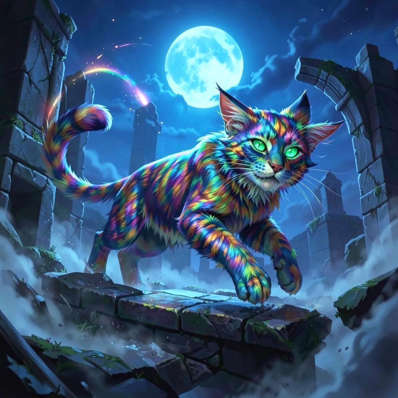 A majestic feline with iridescent fur and glowing emerald eyes leaps gracefully across a moonlit, ancient stone bridge, its tail flickering like a comet trail. Mist swirls around the crumbling ruin...