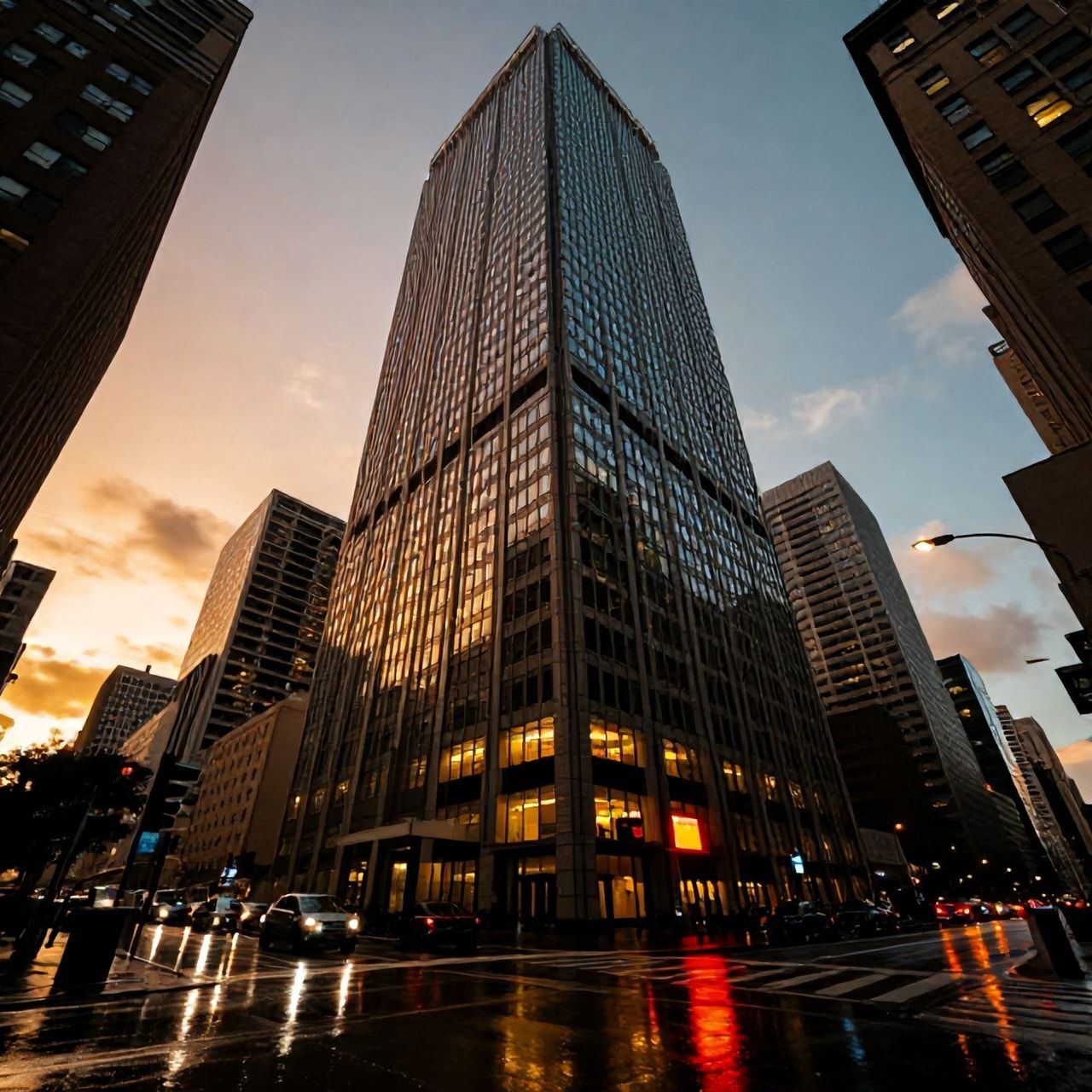 A towering skyscraper looms over a rain-slicked city at golden hour, its neon-lit windows casting jagged reflections on wet pavement, bathed in high-contrast noir lighting with deep shadows and a s...