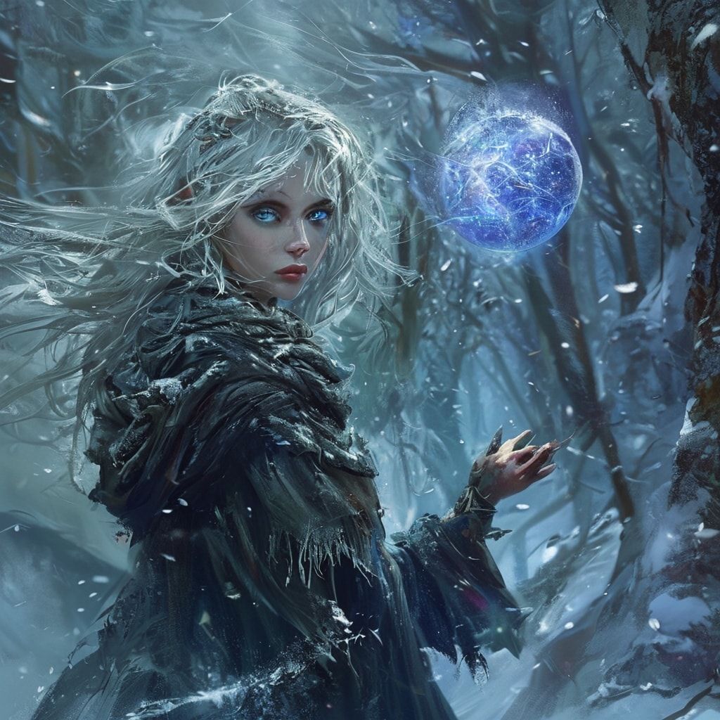 A mystical young woman with silver hair and glowing blue eyes stands amidst an ancient, snow-laden forest, her tattered cloak billowing in the icy wind as she gazes at a floating orb of ethereal li...