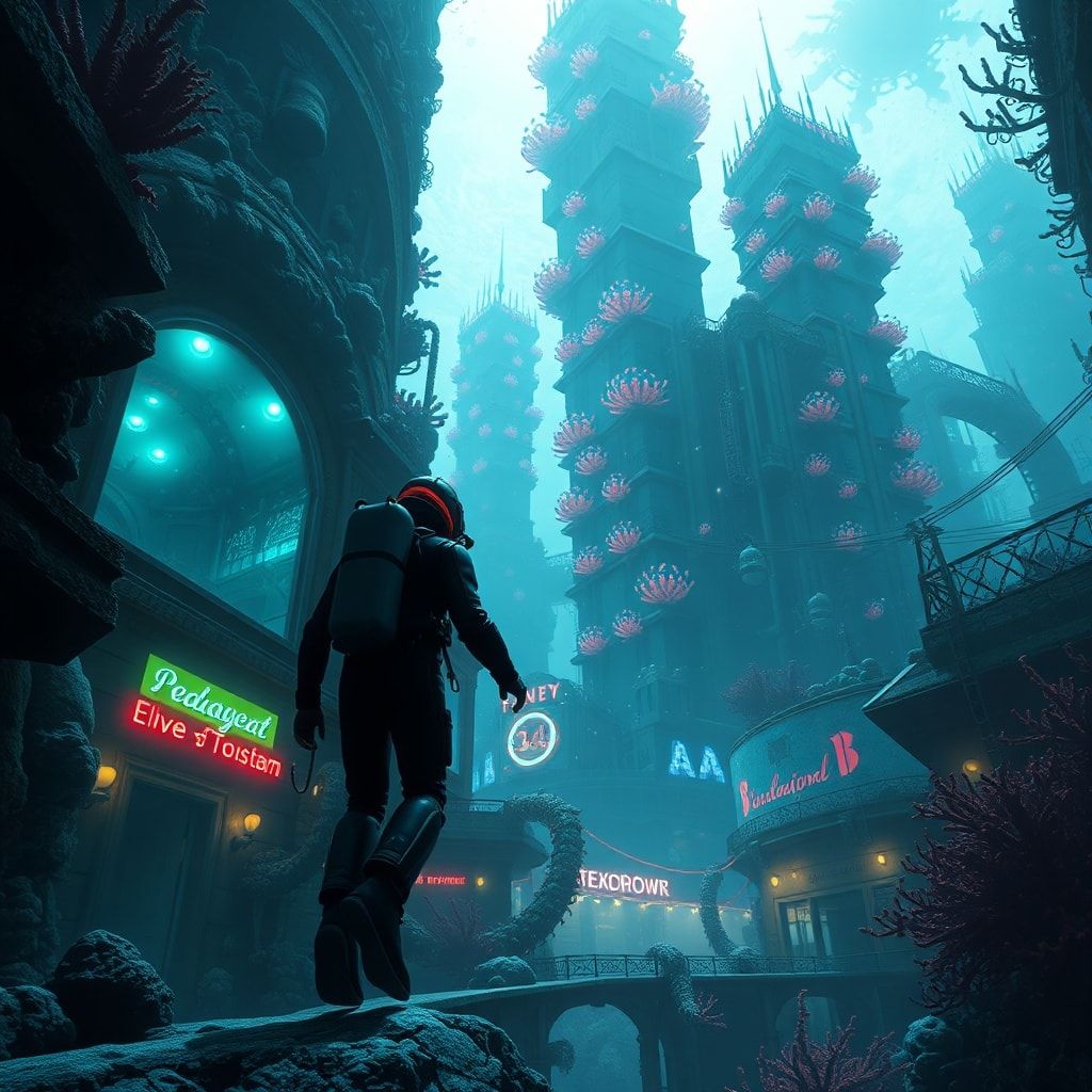 A lone deep-sea explorer in a high-tech diving suit navigates through the labyrinthine streets of an abandoned underwater metropolis, where towering coral skyscrapers pulse with an eerie biolumines...