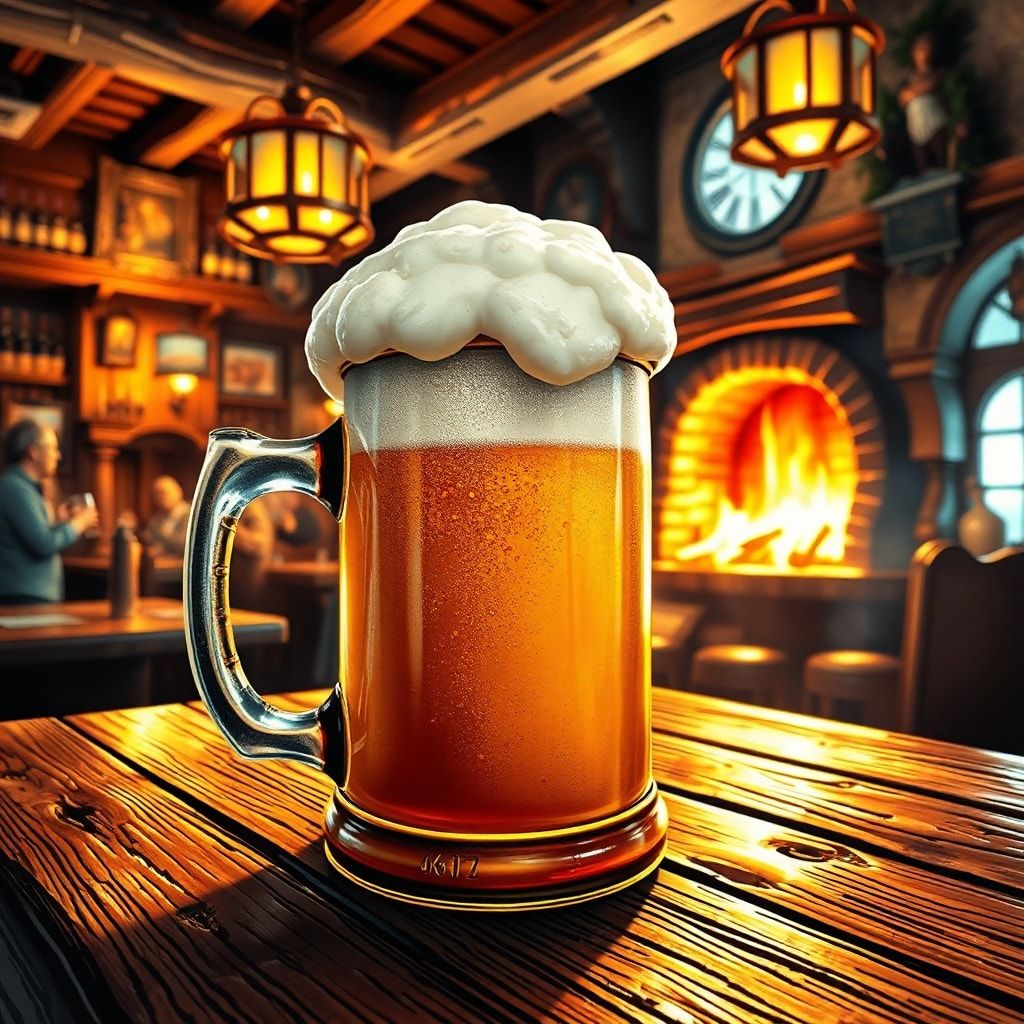 A frothy, overflowing tankard of golden ale rests on a weathered oak table, glowing under the warm amber light of a crackling hearth. The bustling tavern hums with laughter and clinking mugs, its s...