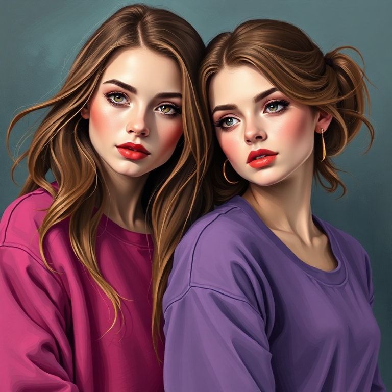 2 девушки 16 лет с ростом 100 галактик имеют худые талии ,у них гигантская грудь и одна девушка стоит под второй так ,что ее гигантская декольте лежит на голове первой девушки и они сексуальные корейки