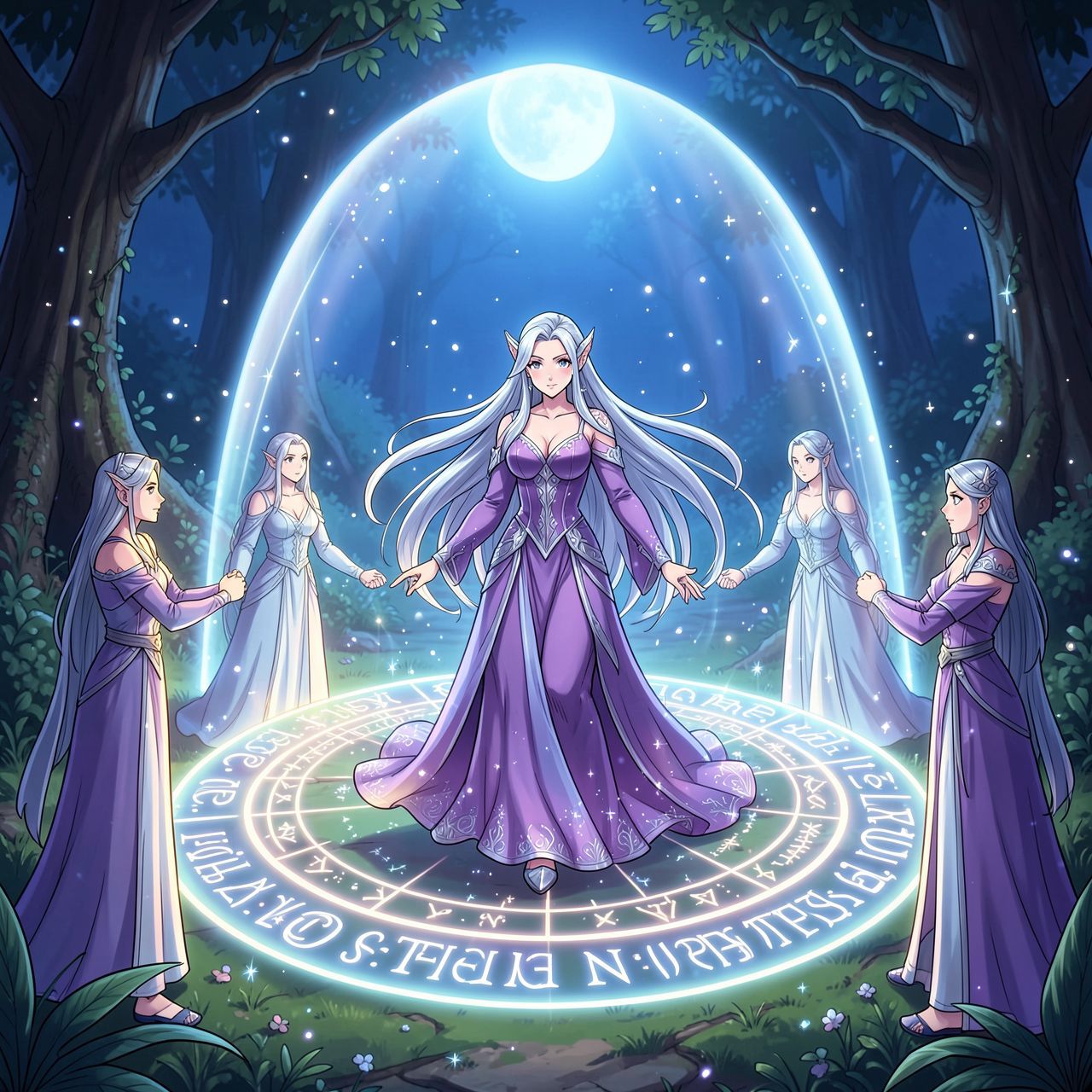Elven magic circle ritual fantasy scene, beautiful elven maiden with long flowing silver hair standing inside a glowing magical circle, elegant elven woman in a flowing violet and silver dress with a serene expression, ancient runes and symbols forming a luminous circle on the ground, protective ward rising like a dome of light, other elven figures joining hands at the circle edge, sacred grove at night, soft moonlight and mystical particles, cinematic composition, cartoon style, anime art style, fantasy art style, mystical and protective mood, detailed and atmospheric, ethereal beauty, animated style, vibrant colors, cartoon style