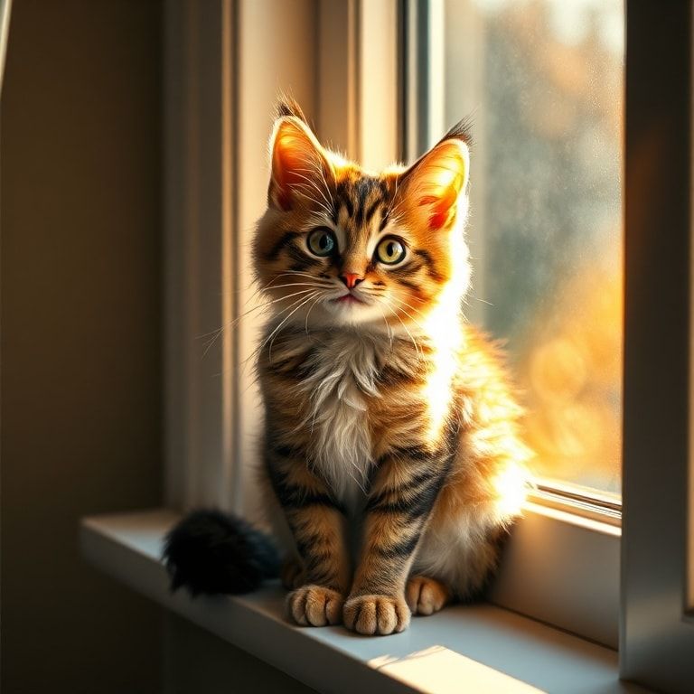 A cute, fluffy cat sitting on a windowsill, looking at the camera with bright, friendly eyes, soft warm sunlight streaming in from a nearby window, photorealistic style, high quality, detailed fur texture, 1024x1024 pixels