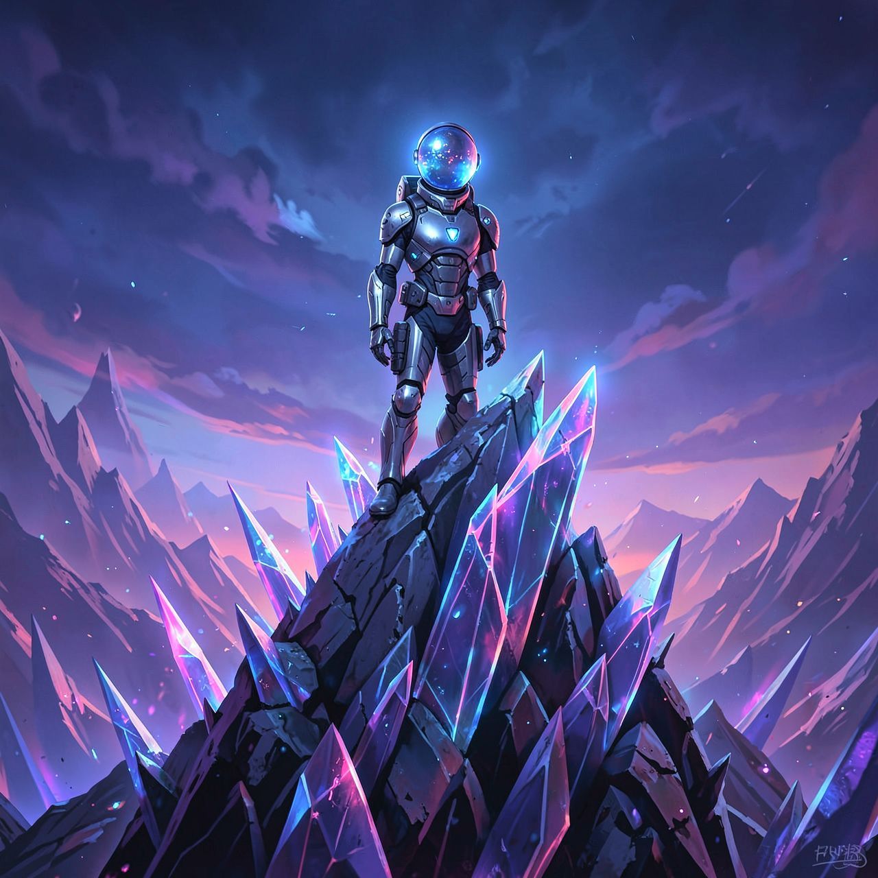 A lone astronaut in a sleek, futuristic exosuit stands atop a towering, razor-sharp crystalline ridge on a distant alien world, their helmet visor reflecting the haunting, ethereal glow of twin bio...
