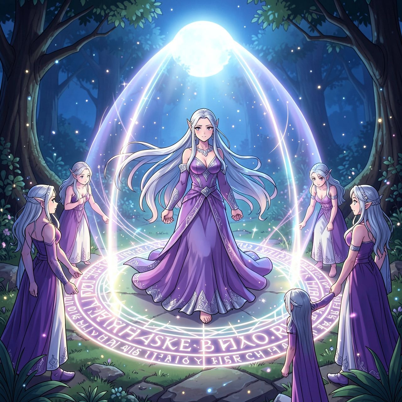 Elven magic circle ritual fantasy scene, beautiful elven maiden with long flowing silver hair standing inside a glowing magical circle, elegant elven woman in a flowing violet and silver dress with a serene expression, ancient runes and symbols forming a luminous circle on the ground, protective ward rising like a dome of light, other elven figures joining hands at the circle edge, sacred grove at night, soft moonlight and mystical particles, cinematic composition, cartoon style, anime art style, fantasy art style, mystical and protective mood, detailed and atmospheric, ethereal beauty, animated style, vibrant colors, cartoon style