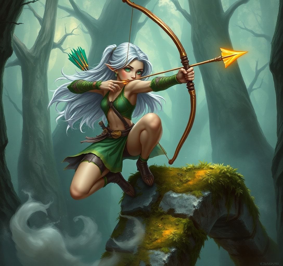 A lithe, silver-haired archer with emerald eyes draws her enchanted bow, arrow glowing with arcane energy, perched on a moss-covered ruin in an ancient forest. Mist swirls around her ankles as gold...