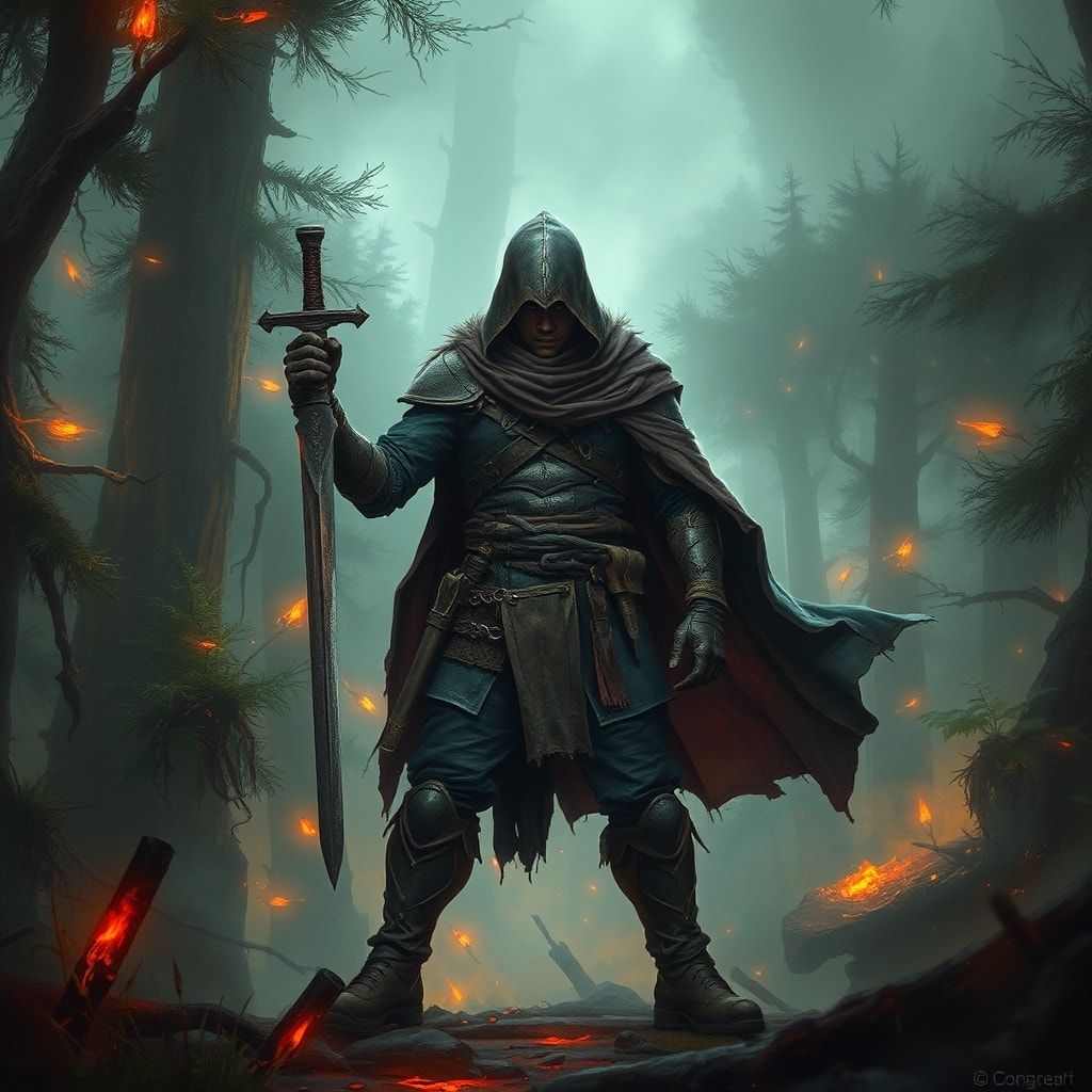 A lone fantasy warrior, clad in tattered leather armor and a tattered cloak, stands amidst a dense, mist-shrouded forest, his sword drawn, ready for battle. The forest is alive with eerie, glowing ...