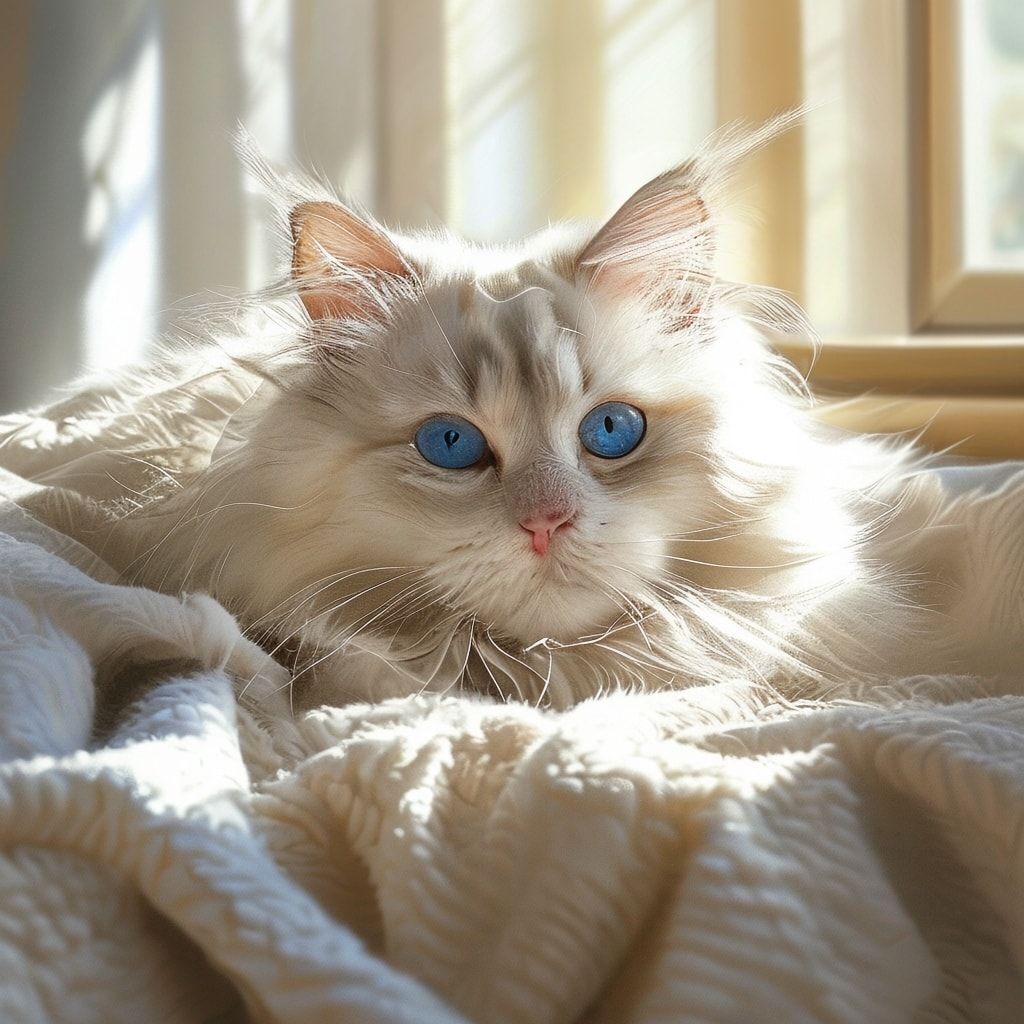 A cute fluffy long-haired white cat with bright blue eyes, lying on a soft cream-colored blanket in a sunlit window. The cat is looking directly at the viewer with a curious expression. Highly detailed photorealistic style, bright and warm lighting, 1024x1024 pixels