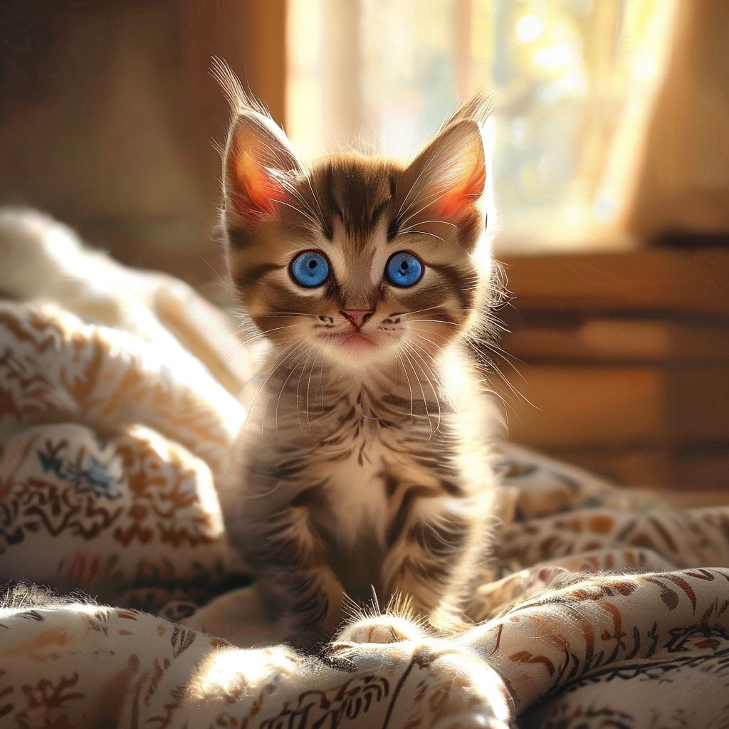 A cute, fluffy kitten with bright blue eyes, sitting on a soft, patterned blanket in a cozy living room with warm, natural sunlight streaming through a window. The kitten is looking directly at the viewer with a curious and playful expression. Photorealistic style, high detail, vibrant colors, 4K resolution, 1024x1024 pixels.
