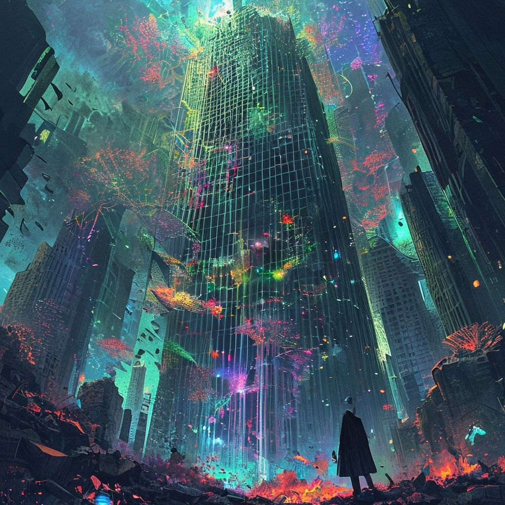 A towering, vine-choked skyscraper looms over a fractured metropolis, its glass panes shattered like dragon scales, while bioluminescent fungi pulse in the ruins below. A lone, hooded figure stands...