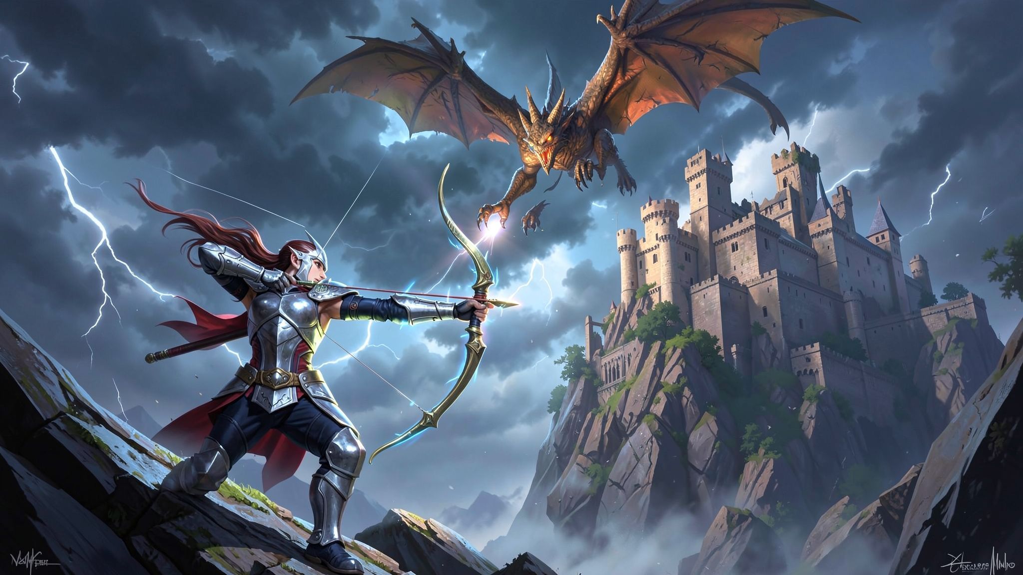 A lone elven archer, clad in silver armor, draws back a glowing bow as a majestic dragon soars above a crumbling medieval castle perched on a jagged cliff, storm clouds swirling violently in the tw...