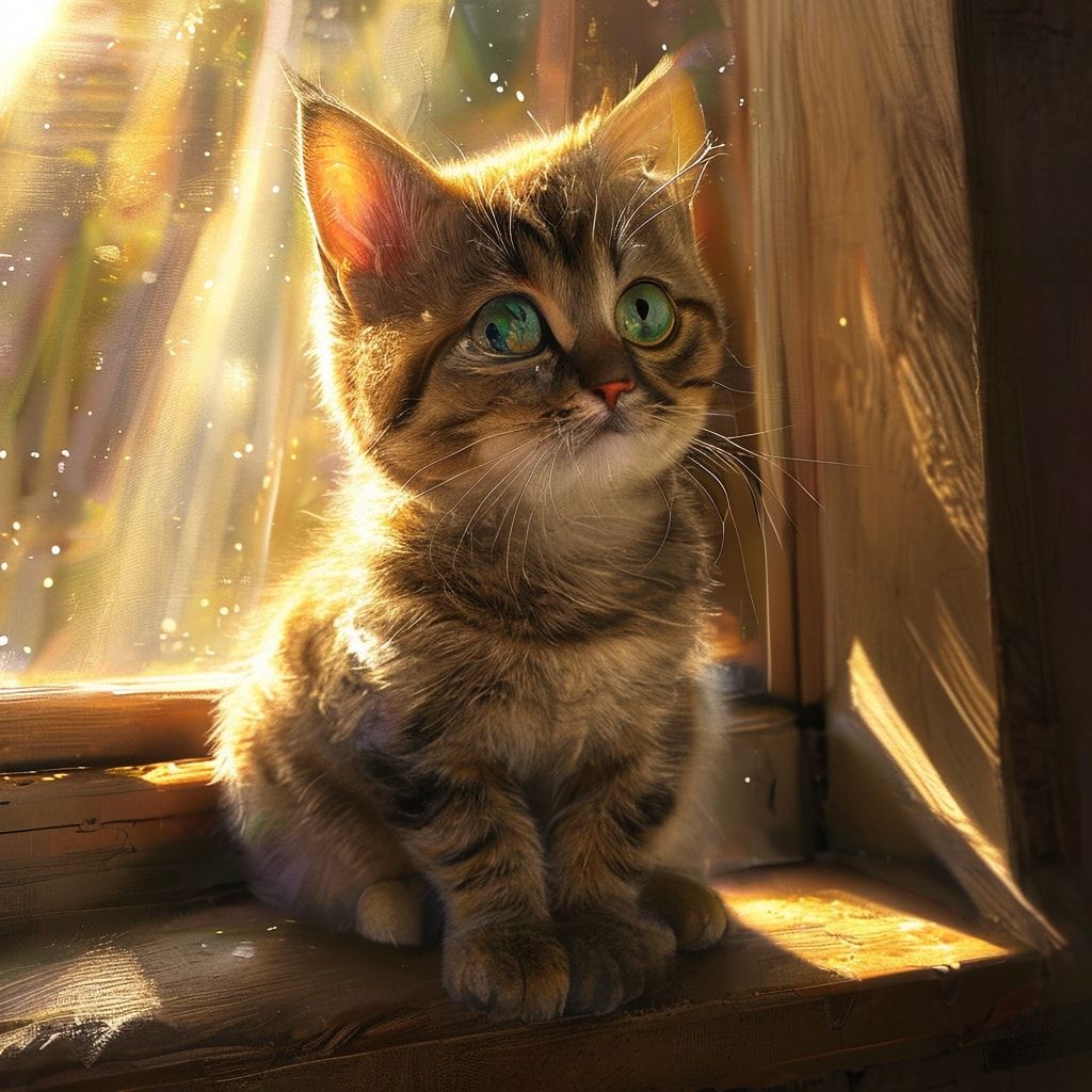 A cute, fluffy short-haired tabby cat with bright green eyes, sitting on a wooden windowsill, bathed in warm golden sunlight streaming through the window, cozy home setting, realistic photorealistic style, high detail, 1024x1024 pixels