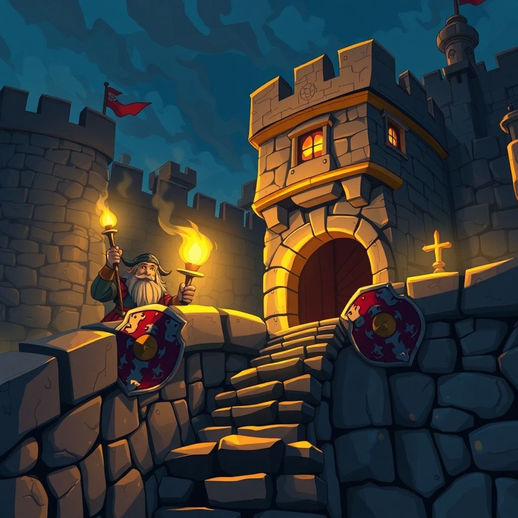 Cartoon style dwarven fantasy video, animated style, anime art style. Dwarven fortress under siege—shields along parapets, gates holding, torchlight on stone, slow dramatic camera along the walls, steadfast defense mood, high quality visual effects, family-friendly fantasy aesthetic