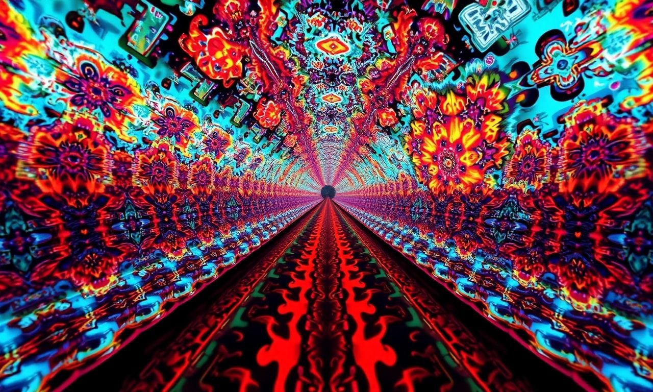 A surreal, kaleidoscopic tunnel of fractal patterns and vibrant hues, stretching infinitely into the distance, bathed in dramatic studio lighting with sharp focus on the foreground, creating a mesm...
