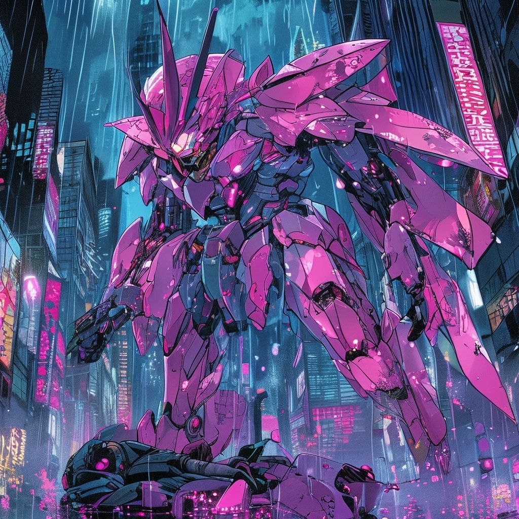 A delicate shoujo manga-style mecha with flowing, petal-like armor stands amidst a rain-soaked neon city, its glowing pink eyes reflecting shattered skyscrapers as it cradles a wounded enemy pilot ...