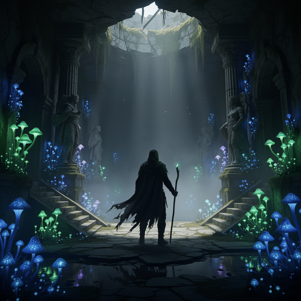 bioluminescent fungi pulse in the ruins below. A lone, hooded figure stands..