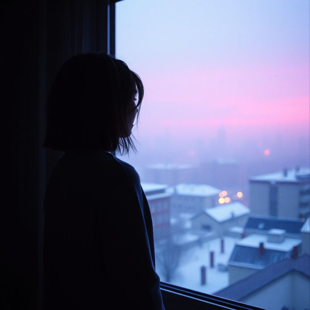 A girl stands inside a quiet room, facing away, looking out through a window. Outside, a foggy February winter unfolds — light snowfall drifts slowly through the air, and the sky glows with soft violet and muted purple tones. The city beyond the glass feels distant and blurred by mist. Cold winter light enters the room gently, casting subtle shadows. The atmosphere is calm, introspective, and emotional, capturing a moment of stillness and inner change. Cinematic composition, soft diffused lighting, shallow depth of field, cool color palette with violet accents, misty winter mood, realistic textures, gentle film grain, intimate and poetic atmosphere, like a scene from a quiet winter film.