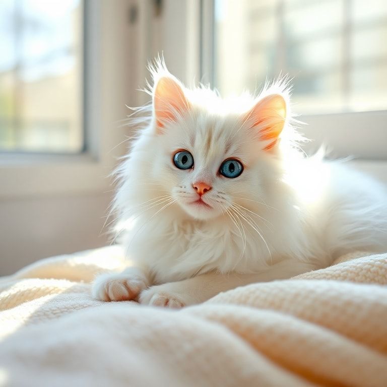A cute fluffy long-haired white cat with bright blue eyes, lying on a soft cream-colored blanket in a sunlit window. The cat is looking directly at the viewer with a curious expression. Highly detailed photorealistic style, bright and warm lighting, 1024x1024 pixels