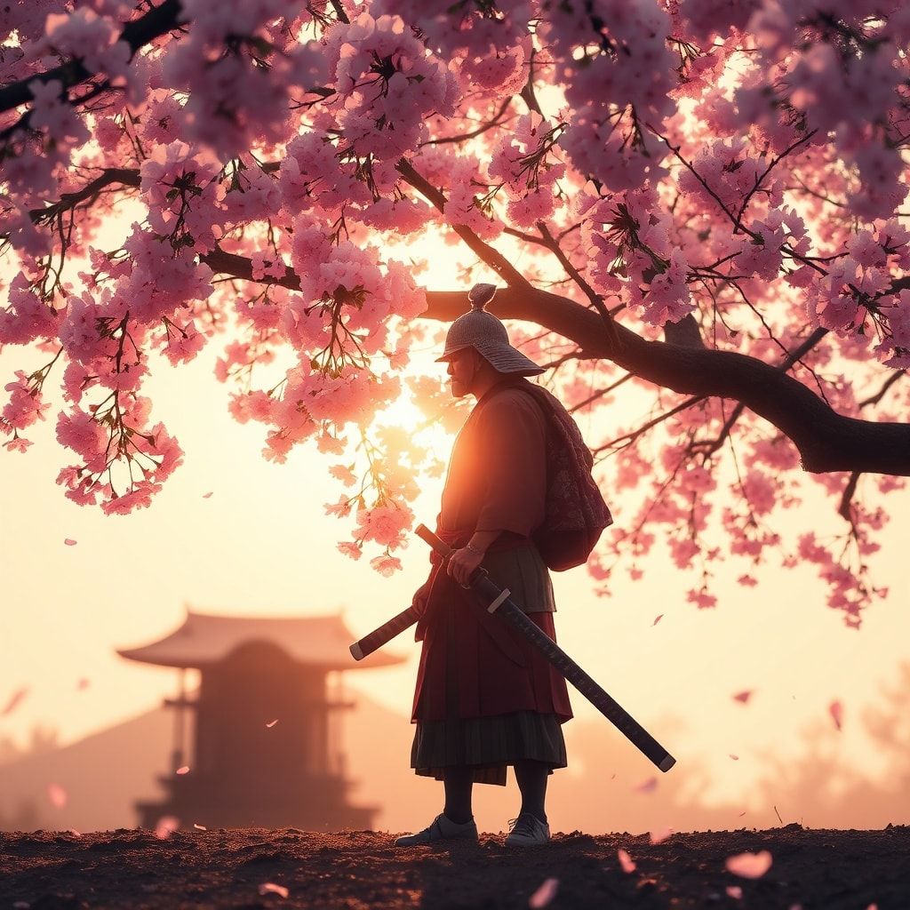 A lone samurai stands beneath a canopy of delicate pink cherry blossoms, his katana resting at his side, bathed in the soft golden light of early morning, surrounded by a gentle breeze that stirs t...