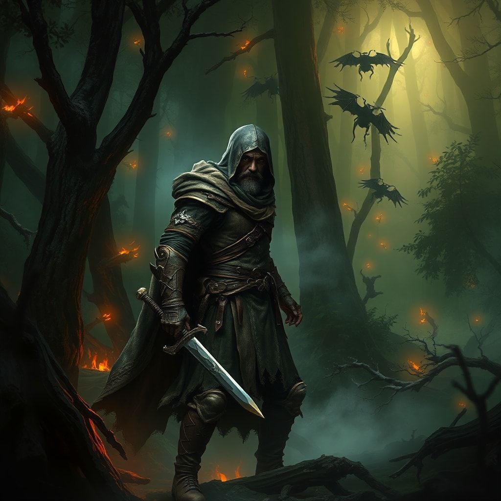 A lone fantasy warrior, clad in weathered leather armor and a tattered cloak, stands amidst a dense, mist-shrouded forest, his sword drawn, ready for battle. The forest is alive with eerie, glowing...