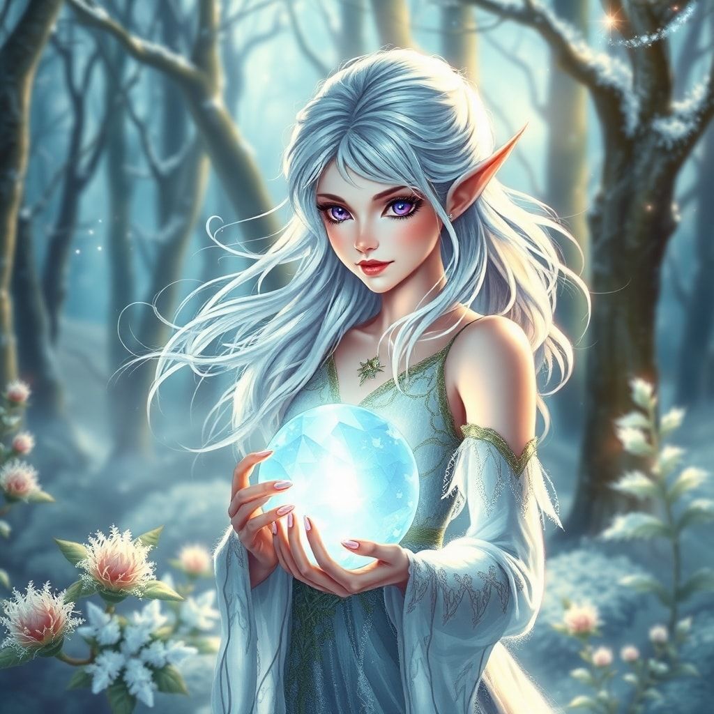 A delicate elven maiden with silver hair and luminous violet eyes stands poised in a frost-kissed enchanted forest, her breath visible in the crisp air as she gently cradles a glowing crystal orb. ...