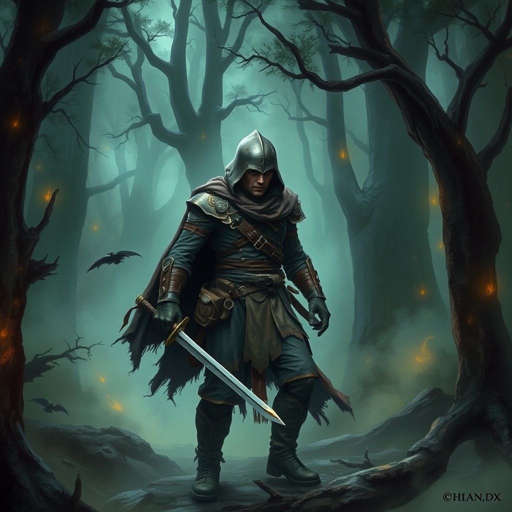 A lone fantasy warrior, clad in weathered leather armor and a tattered cloak, stands amidst a dense, mist-shrouded forest, his sword drawn, ready for battle. The forest is alive with eerie, glowing...