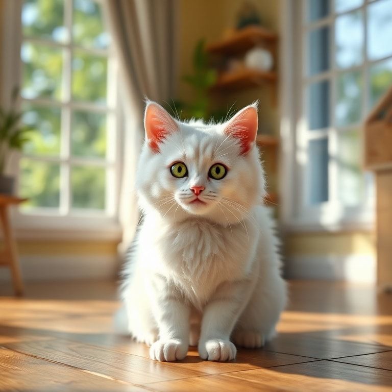 A cute, fluffy white cat with bright green eyes, sitting on a soft, wooden floor in a cozy, sunlit room with a window in the background. The cat is looking directly at the viewer with a calm and curious expression. Photorealistic style, high detail, vibrant colors, 4K resolution, 1024x1024 pixels.