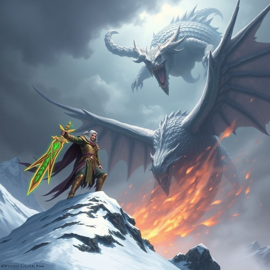 A towering, armored warrior stands atop a snow-capped peak, wielding a glowing rune-etched blade as a colossal, scaled beast descends from storm-wracked skies, its wings casting jagged shadows over...