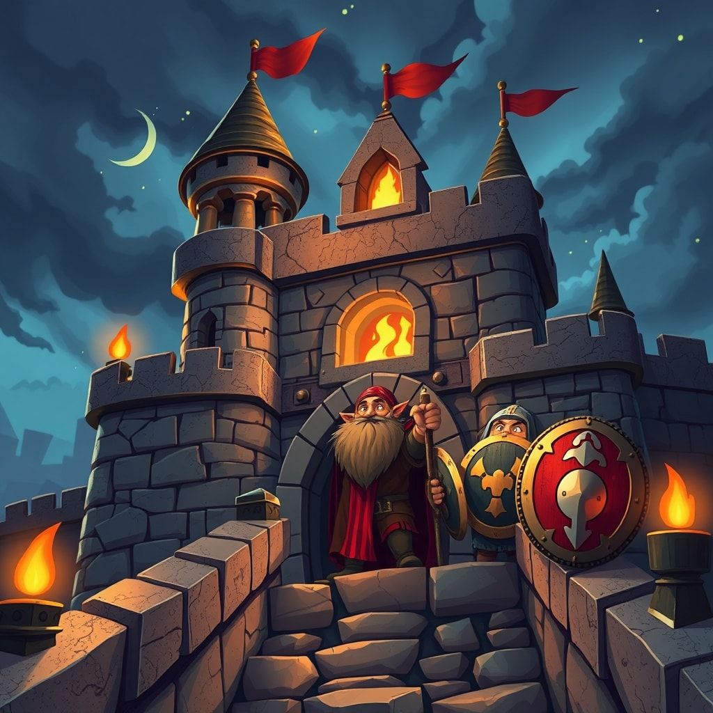 Cartoon style dwarven fantasy video, animated style, anime art style. Dwarven fortress under siege—shields along parapets, gates holding, torchlight on stone, slow dramatic camera along the walls, steadfast defense mood, high quality visual effects, family-friendly fantasy aesthetic