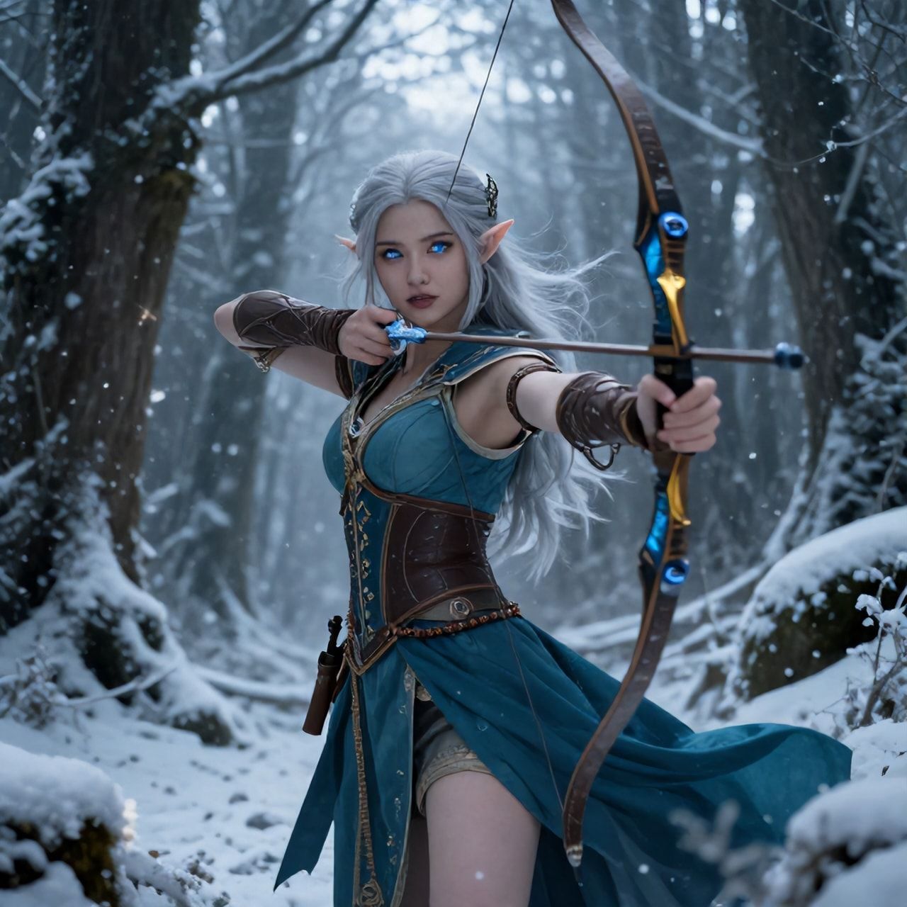 mystical young woman elf with silver hair and glowing blue eyes stands amidst an ancient, snow-laden forest, elven archer