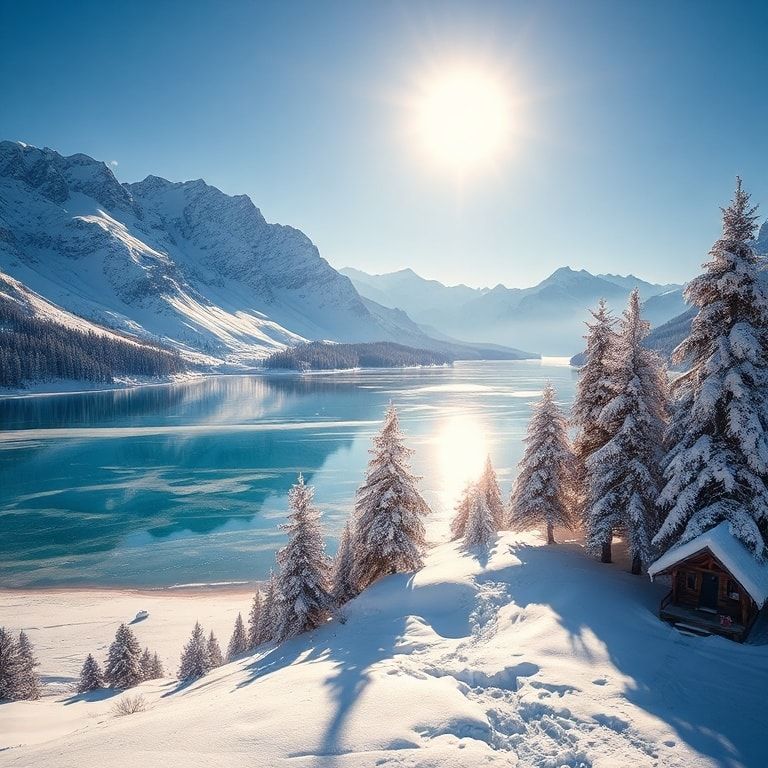 A breathtaking winter landscape with snow-covered mountains, a frozen lake reflecting the clear blue sky, and a cozy wooden cabin nestled among snow-laden pine trees. The scene is bathed in soft, golden sunlight from a low winter sun, creating a serene and magical atmosphere. Photorealistic style, high resolution, detailed snow texture, and a sense of tranquility and wonder.