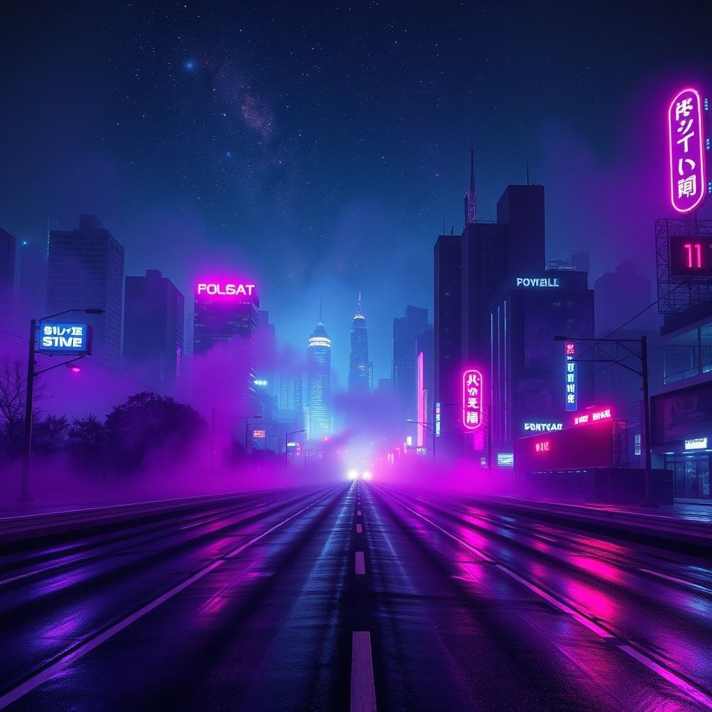 A dark synthwave cinematic scene: an empty night road cutting through a futuristic noir city, glowing with deep neon lights in purple, blue, and crimson. Thick fog drifts across the street, reflecting neon signs and distant skyscrapers. Above the city, the night sky opens into a surreal cosmic view — stars, nebula clouds, and faint galaxies blending into the urban skyline. The atmosphere is mysterious, epic, and cinematic, mixing cyberpunk noir with cosmic fantasy. High contrast lighting, dramatic perspective, wide-angle shot, neon reflections on wet asphalt, volumetric fog, deep shadows, subtle film grain, retro-futuristic color palette, epic dark mood, like a scene from a sci-fi movie.