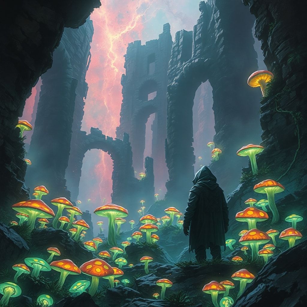 bioluminescent fungi pulse in the ruins below. A lone, hooded figure stands..