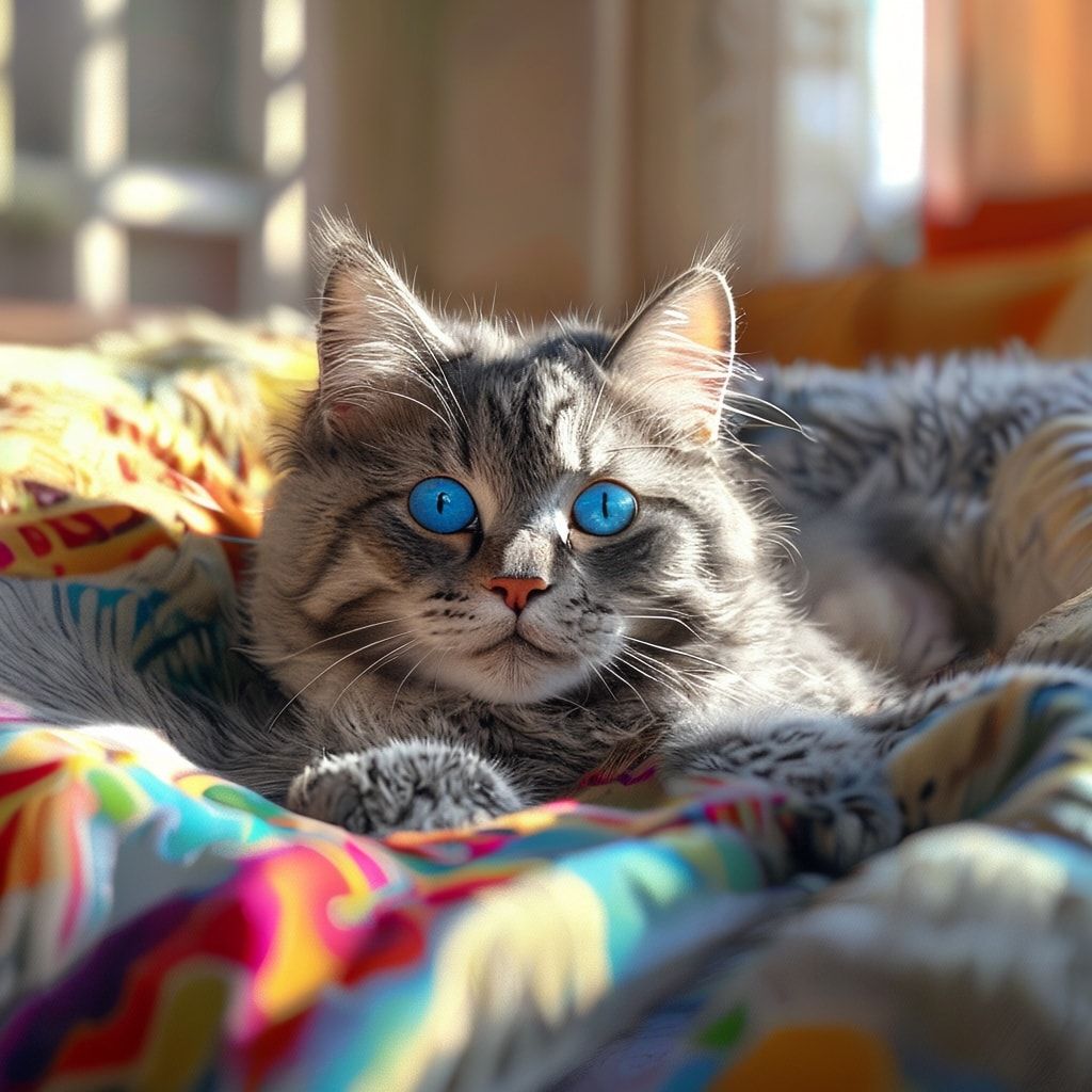 A cute, fluffy gray tabby cat with bright blue eyes, lying on a soft bed with a colorful blanket, in a sunlit bedroom, looking at the camera with a relaxed and content expression. Photorealistic style, high detail, vibrant colors, 4K resolution, 1024x1024 pixels.