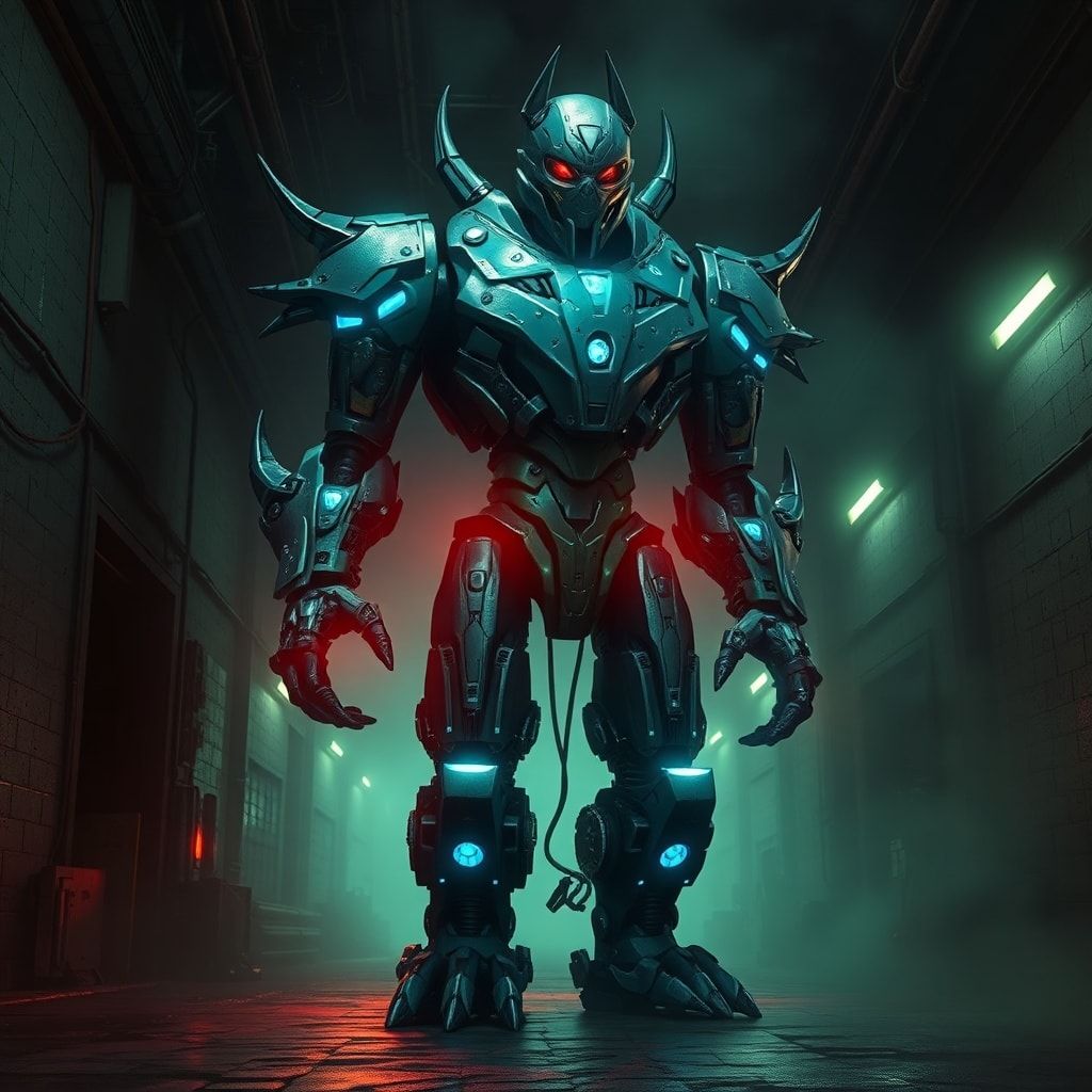 A towering, biomechanical robot with jagged metallic plating and glowing blue veins stands in a dimly lit, fog-choked industrial corridor, its hollow eyes scanning the shadows as eerie green emerge...