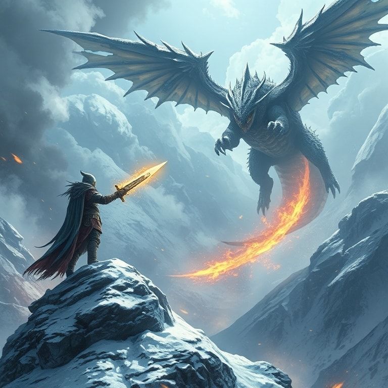 A towering, armored warrior stands atop a snow-capped peak, wielding a glowing rune-etched blade as a colossal, scaled beast descends from storm-wracked skies, its wings casting jagged shadows over...