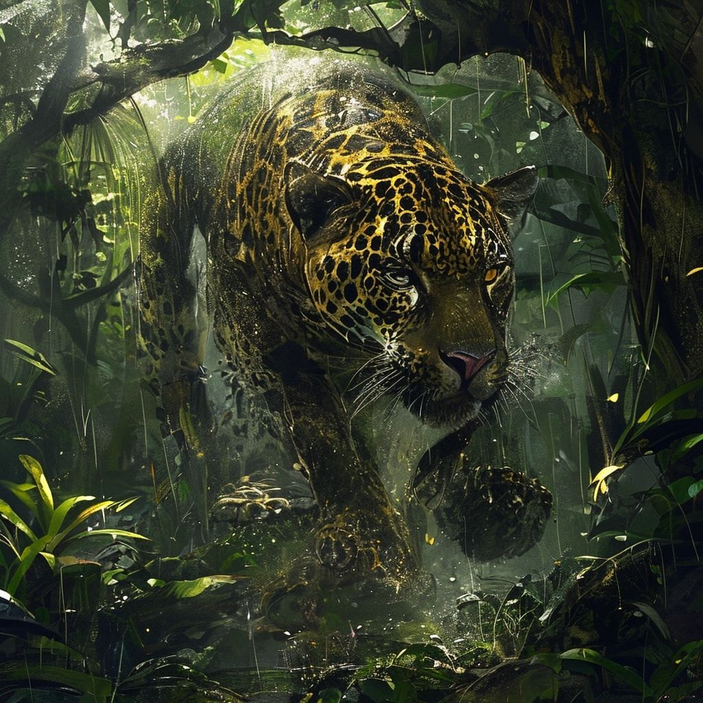 A majestic jaguar, its golden fur glistening with rain, prowls through the dense, misty rainforest under a canopy of ancient trees, emerald leaves filtering dappled sunlight. The air hums with the ...