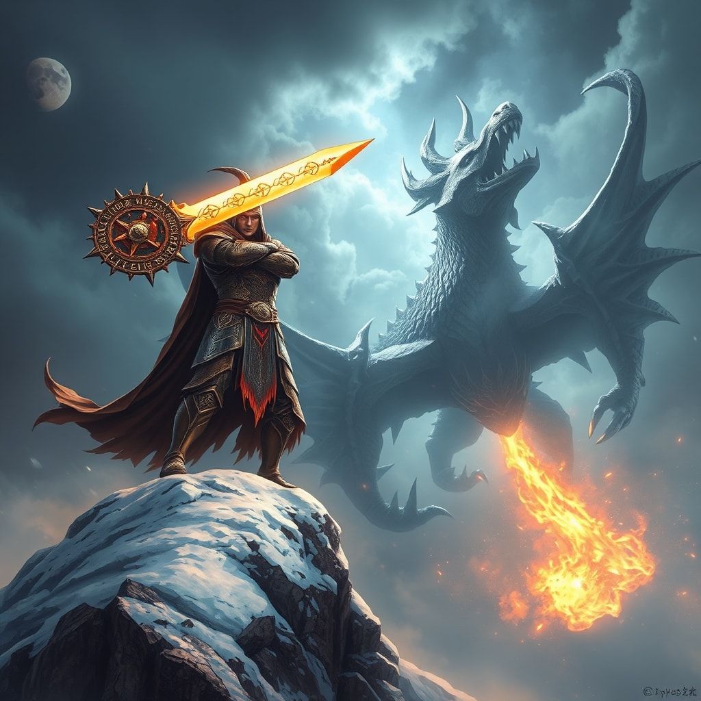 A towering, armored warrior stands atop a snow-capped peak, wielding a glowing rune-etched blade as a colossal, scaled beast descends from storm-wracked skies, its wings casting jagged shadows over...