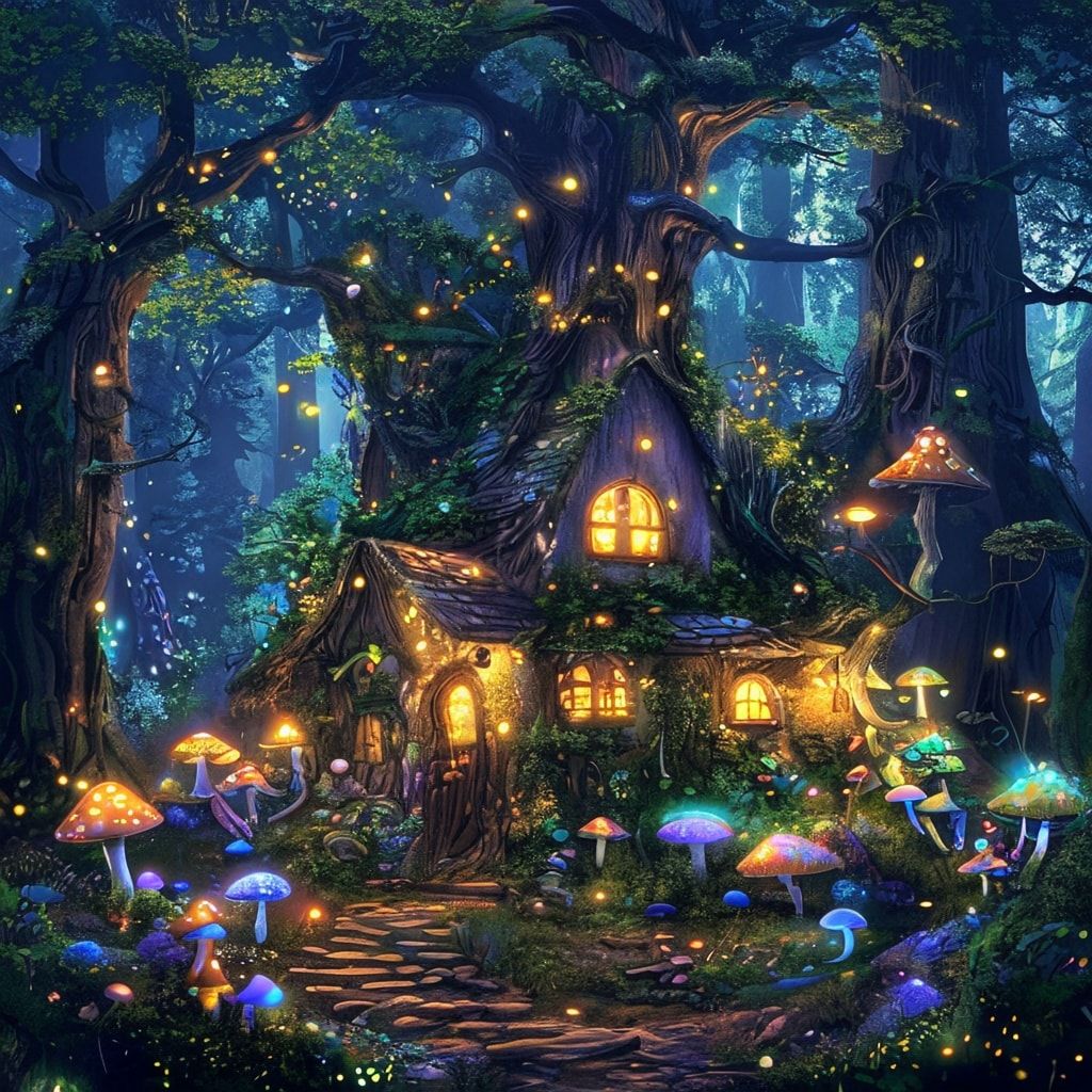 A whimsical fairy tale cottage nestled deep within an enchanted forest, glowing with soft bioluminescent mushrooms and fireflies, surrounded by towering ancient trees with twisted roots. The cottag...