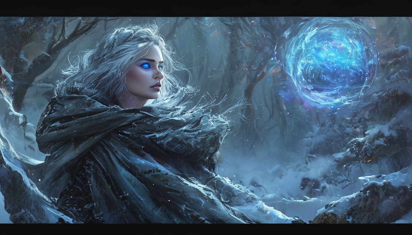 A mystical young woman with silver hair and glowing blue eyes stands amidst an ancient, snow-laden forest, her tattered cloak billowing in the icy wind as she gazes at a floating orb of ethereal li...