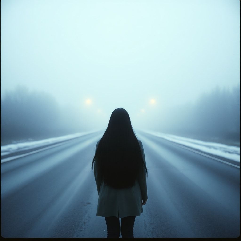 A girl with long black hair stands facing away, looking into the distance on a foggy road. The winter atmosphere feels cold and damp, like after a light rain. Thick February fog drifts across the empty road, reflecting soft, muted streetlight glow. The ground is slightly wet, adding subtle reflections. Pale blue and gray tones dominate the scene. The mood is quiet, melancholic, and cinematic, as if frozen in time. Cinematic composition, wide-angle shot, soft diffused lighting, shallow depth of field, realistic textures, gentle film grain, emotional winter atmosphere, like a scene from a slow, intimate film.