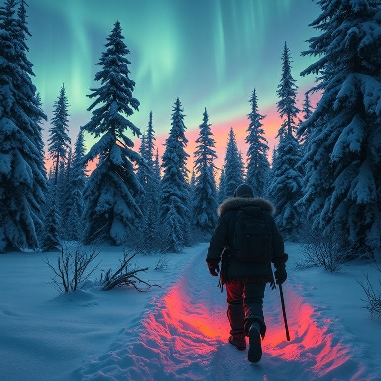 A lone frostbitten traveler in tattered furs trudges through a snow-laden forest at dusk, their breath visible in the crisp air, as ethereal auroras dance above towering ice-covered pines, casting ...