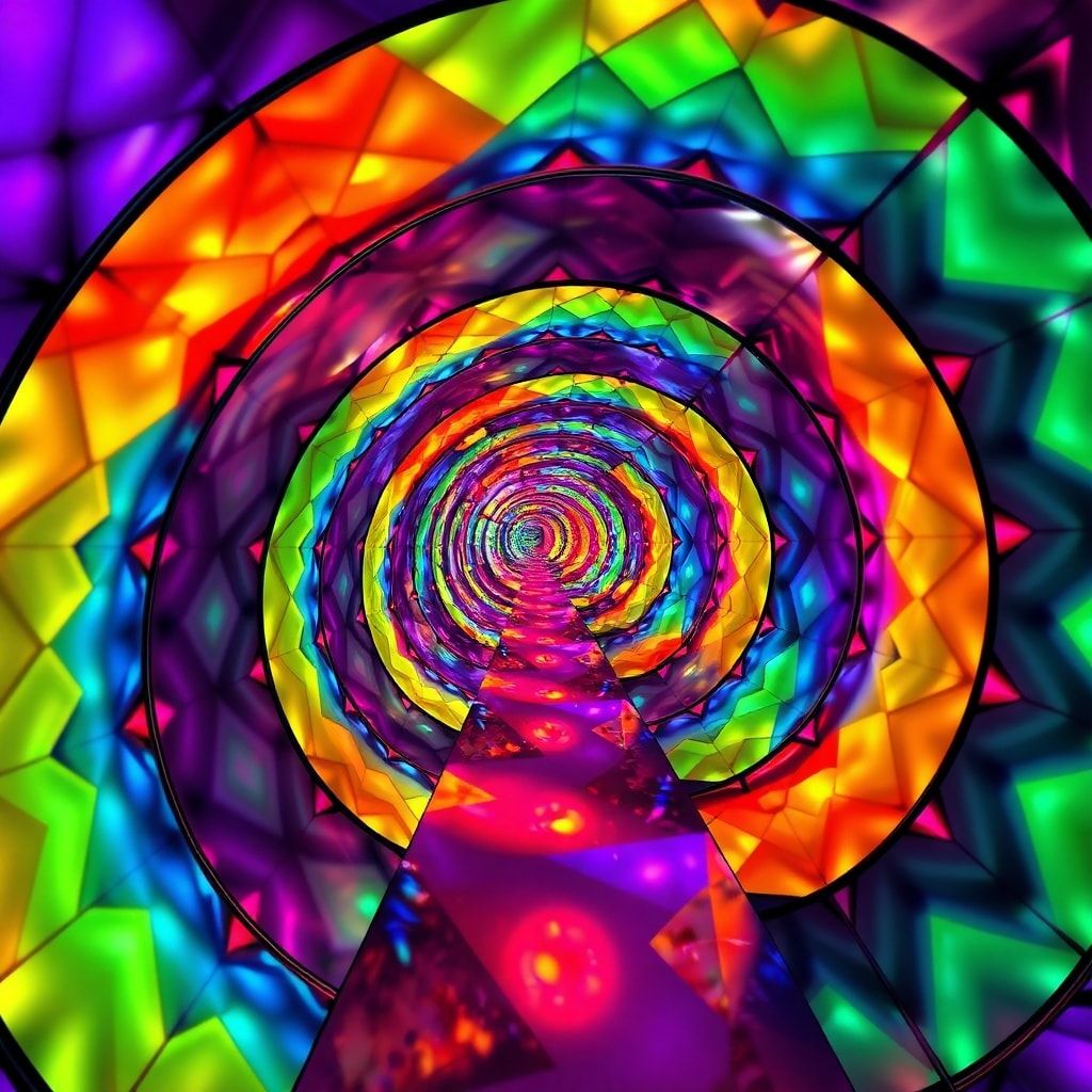 A surreal, kaleidoscopic tunnel spirals endlessly, its walls pulsing with vibrant geometric patterns that shift and refract light like stained glass. Soft, ethereal glow illuminates the path, casti...