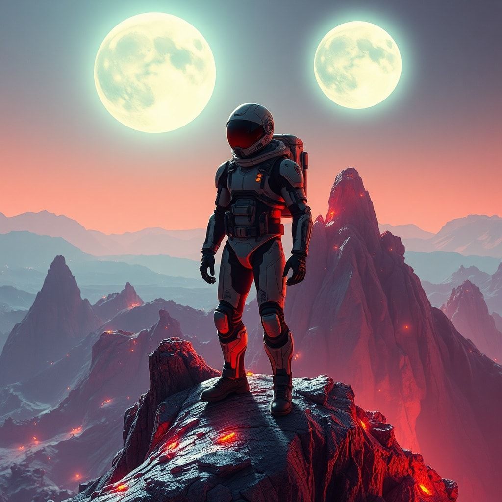A lone space explorer in a high-tech exosuit stands atop a jagged crystalline ridge on an alien planet, bathed in the eerie glow of twin bioluminescent moons, their helmet visor reflecting the swir...