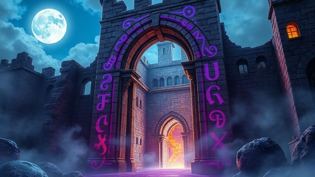 A towering, crumbling stone archway in a moonlit abandoned castle, glowing with swirling violet and gold runes, reveals a shimmering portal to another realm. Ethereal mist curls around ancient ruin...