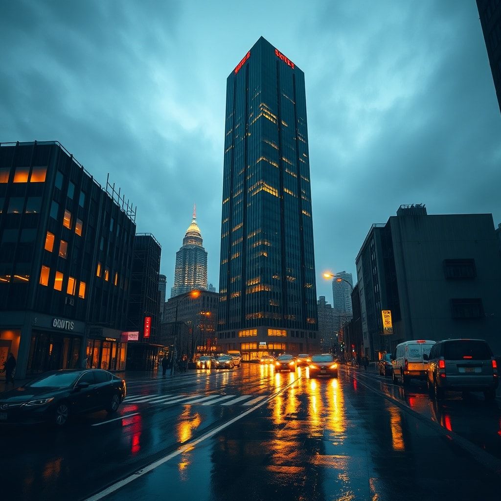 A towering skyscraper looms over a rain-slicked city at golden hour, its neon-lit windows casting jagged reflections on wet pavement, bathed in high-contrast noir lighting with deep shadows and a s...