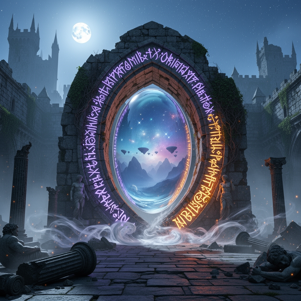 A towering, crumbling stone archway in a moonlit abandoned castle, glowing with swirling violet and gold runes, reveals a shimmering portal to another realm. Ethereal mist curls around ancient ruin...