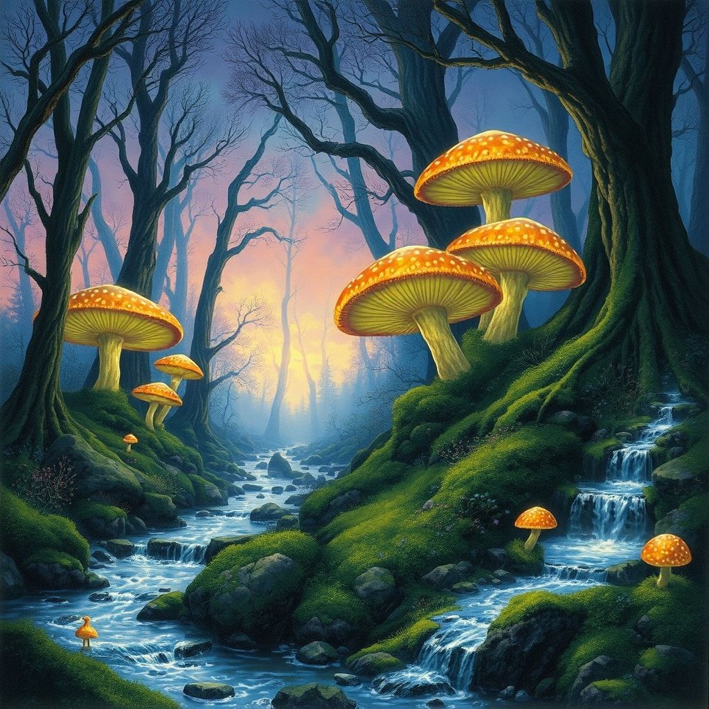 Ancient elven forest at twilight, giant glowing mushrooms, silver streams, moss-covered ruins, soft magical light, detailed fantasy art, painterly style