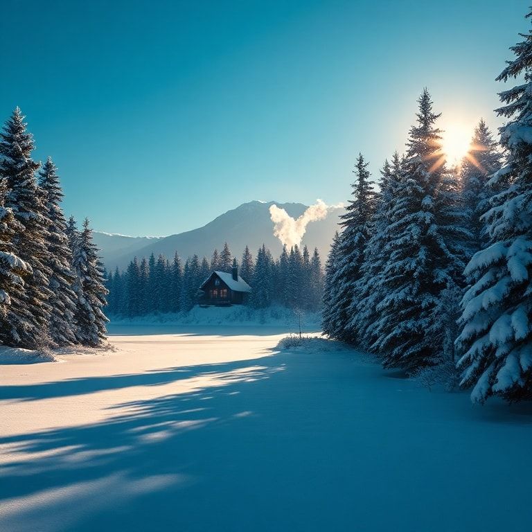 A breathtaking winter landscape featuring a frozen lake surrounded by snow-laden evergreen trees. In the distance, a cozy wooden cabin with a smoke rising from its chimney nestles among the trees. The sky is a clear, deep blue, and the low sun casts a soft, warm golden light across the scene, creating a magical and serene atmosphere. The snow on the ground and trees is detailed with a crisp, photorealistic texture, emphasizing the cold, fresh air. The composition is balanced, with the lake leading the eye towards the cabin, evoking a sense of peaceful solitude and winter wonder.